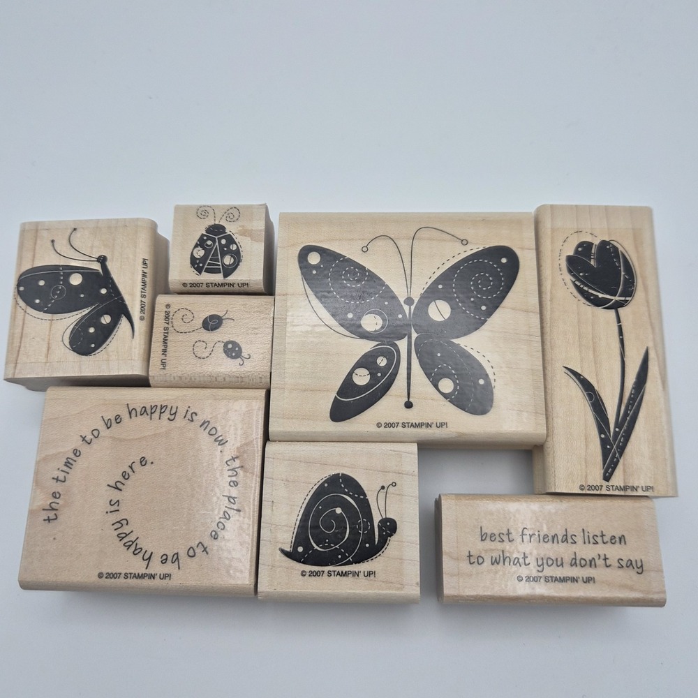 Stampin' Up! Garden Whimsy 2007 Complete Set 8 Wood Rubber Stamps Butterfly